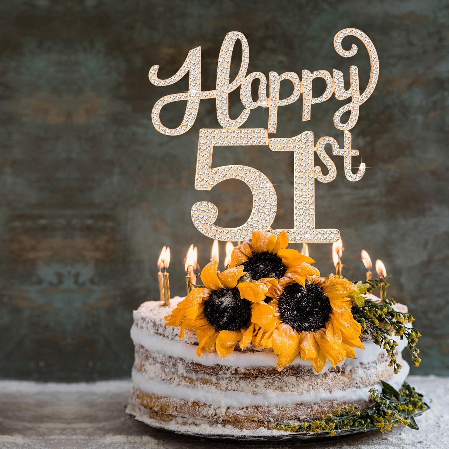 Happy 51st Birthday Decorations,51st Birthday Gold Rhinestone Cake Topper - Cheers to 51 Years Old Bday Party Metal Sparkly Cake Centerpieces Sign.