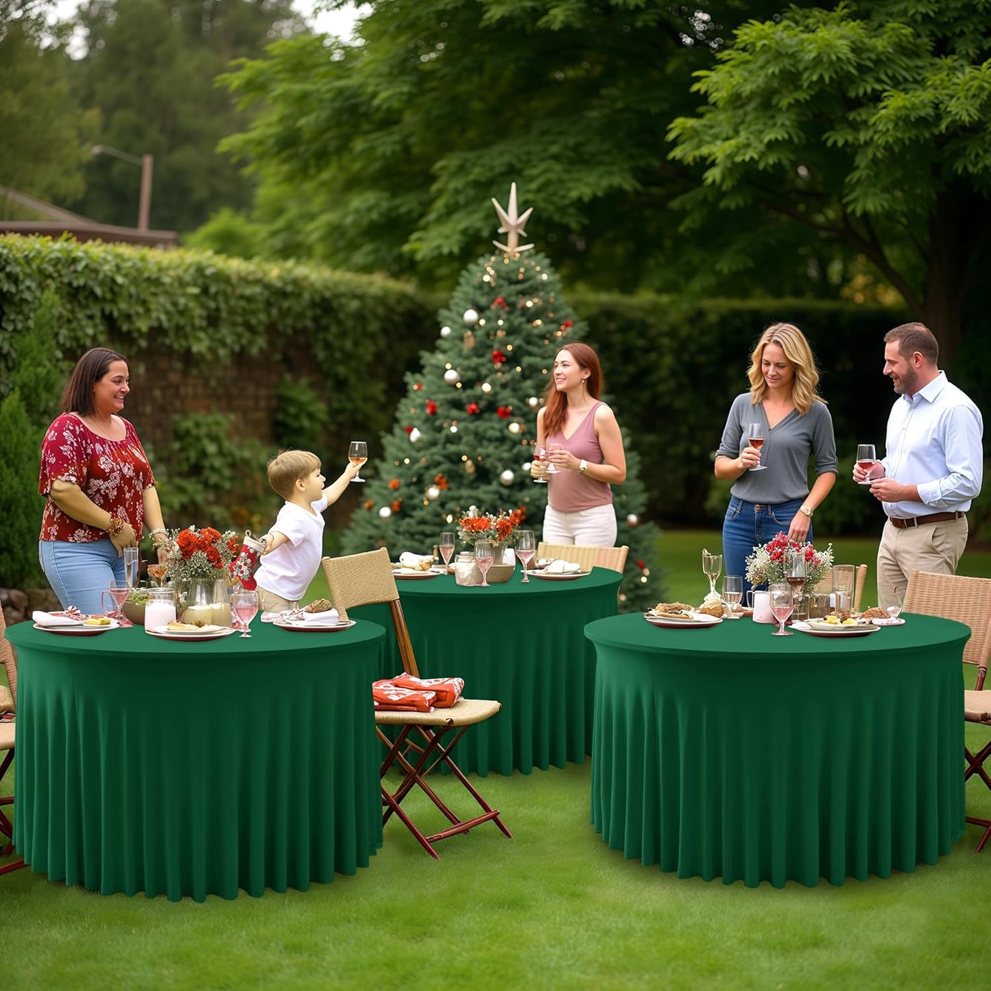 HolidayIdeas 6 Pack Hunter Green Spandex Table Skirts for 60 Inch Round Tables, Fitted Covers for Christmas Receptions