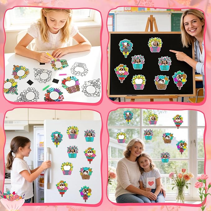 24 Set Mothers Day Crafts Picture Frame Fridge Magnet with Paint Pen Magnet, Mothers Day DIY Art Paper Flower Decorations Kit for Classroom Gifts School Craft Activities Home Party Favor Bulk Supplies