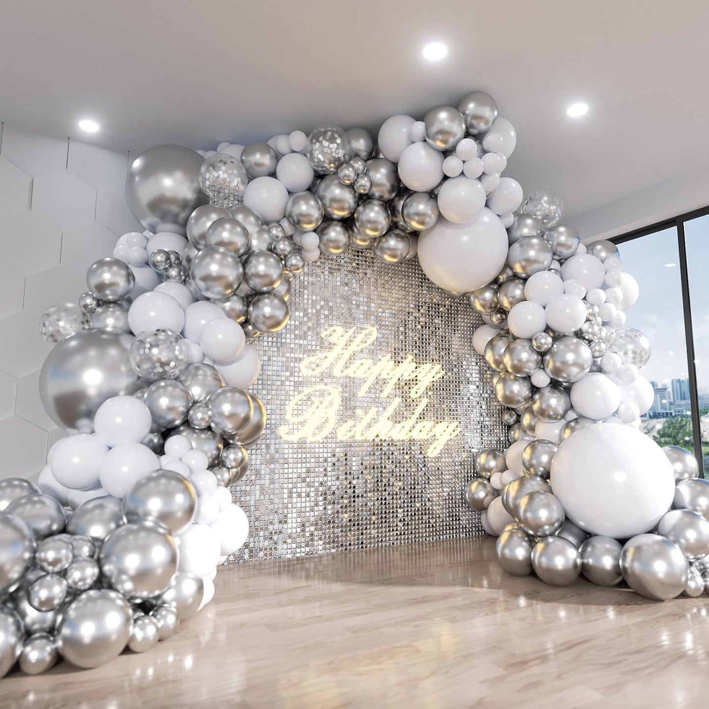 White and Silver Balloon Arch Kit, 140Pcs White Metallic Silver and Silver Confetti Party Balloon Garland Kit for Birthday, Wedding, Engagements, Baby Shower, Anniversary Party Decorations