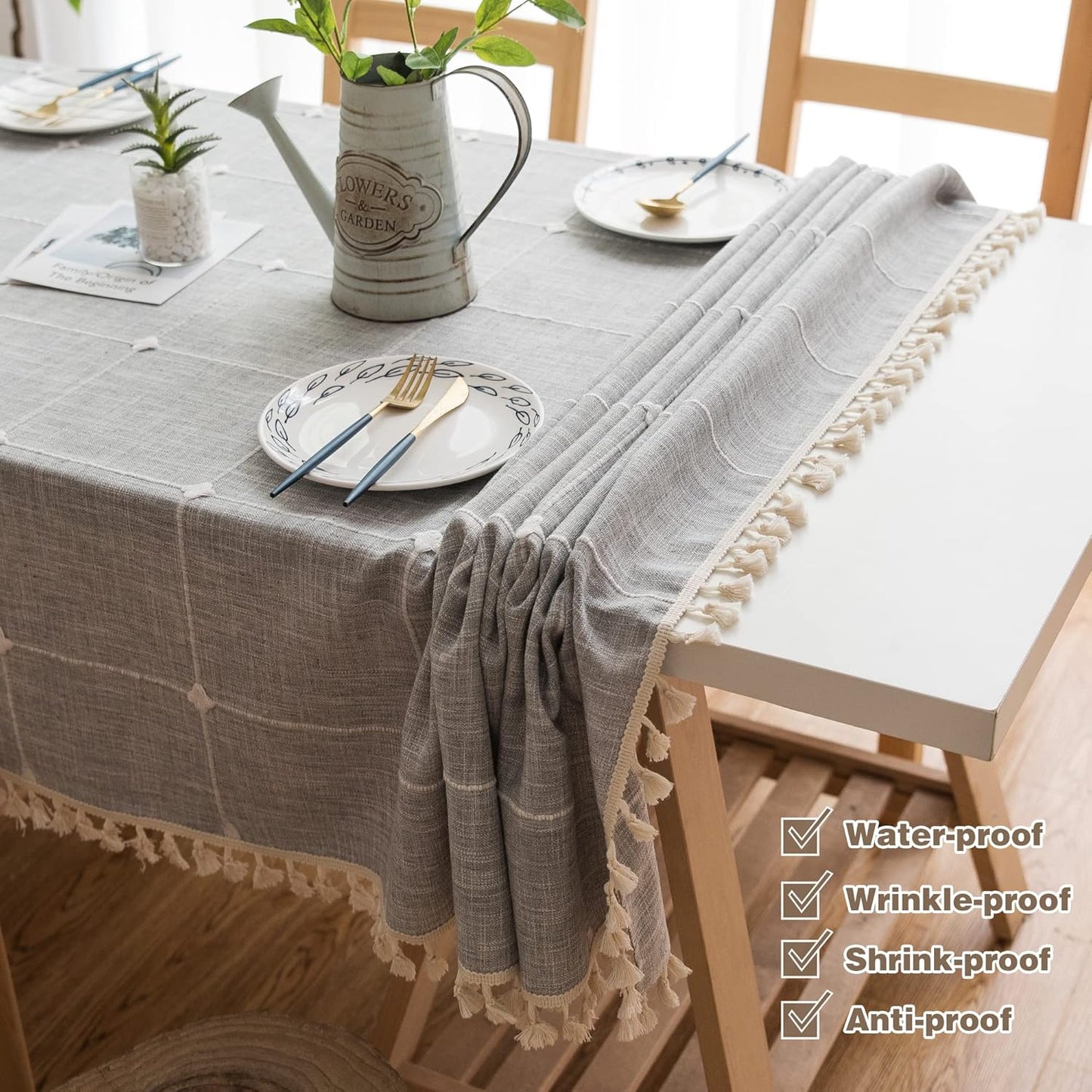 Pahajim Rustic Linen Tablecloth Cotton Rectangle Table Cloth for Kitchen Dining with Tassel Plaid Waterproof Tablecloths Rectangle/Oblong,55''x79'',4-6 Seats