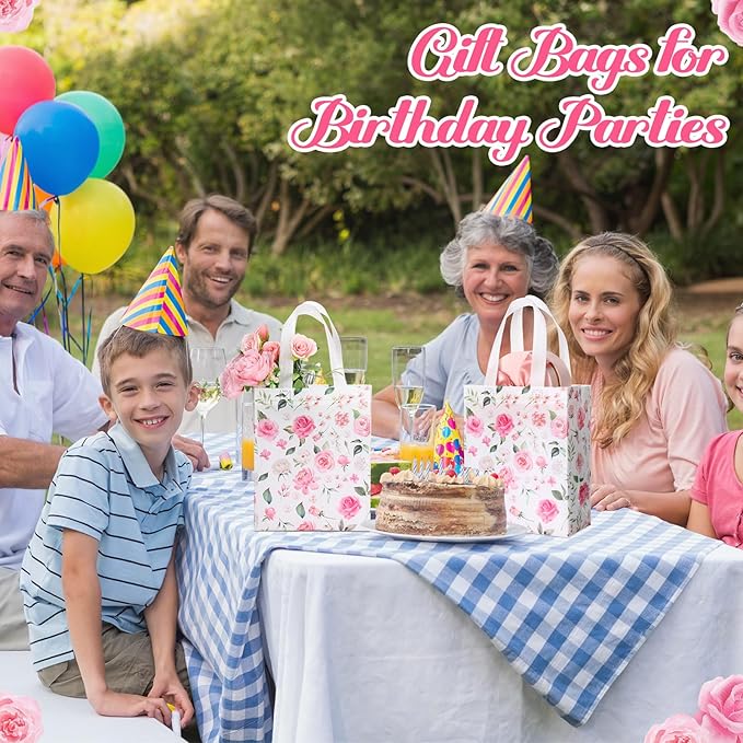 Supervitae 24 Pack Pink Floral Theme Gift Bags Medium Floral Party Favor Bags Flower Reusable Totes Non Woven Goodie Totes for Wedding Birthday Baby Shower Family Holiday Travel(9.8" x 7.9" x 3.9")