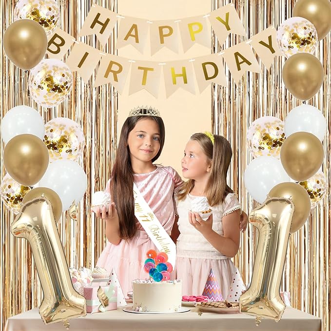 Trgowaul 11th Birthday Decorations for Girls, Banner, Sash and Crown, Cake Topper, 11 Number Balloon, Fringe Curtains, Champagne Gold 11th Birthday Party Supplies