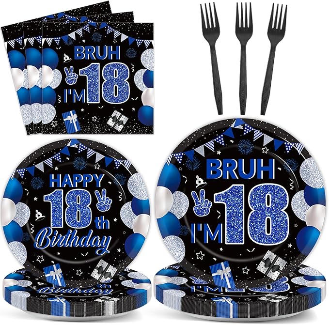 96PCS 18th Birthday Party Paper Plates and Napkins and Forks Set for Blue and Silver Bruh I'm 18 Years Old Party Paper Plates Disposable Decor Happy 18th Parties Set for Teens Birthday Decorations