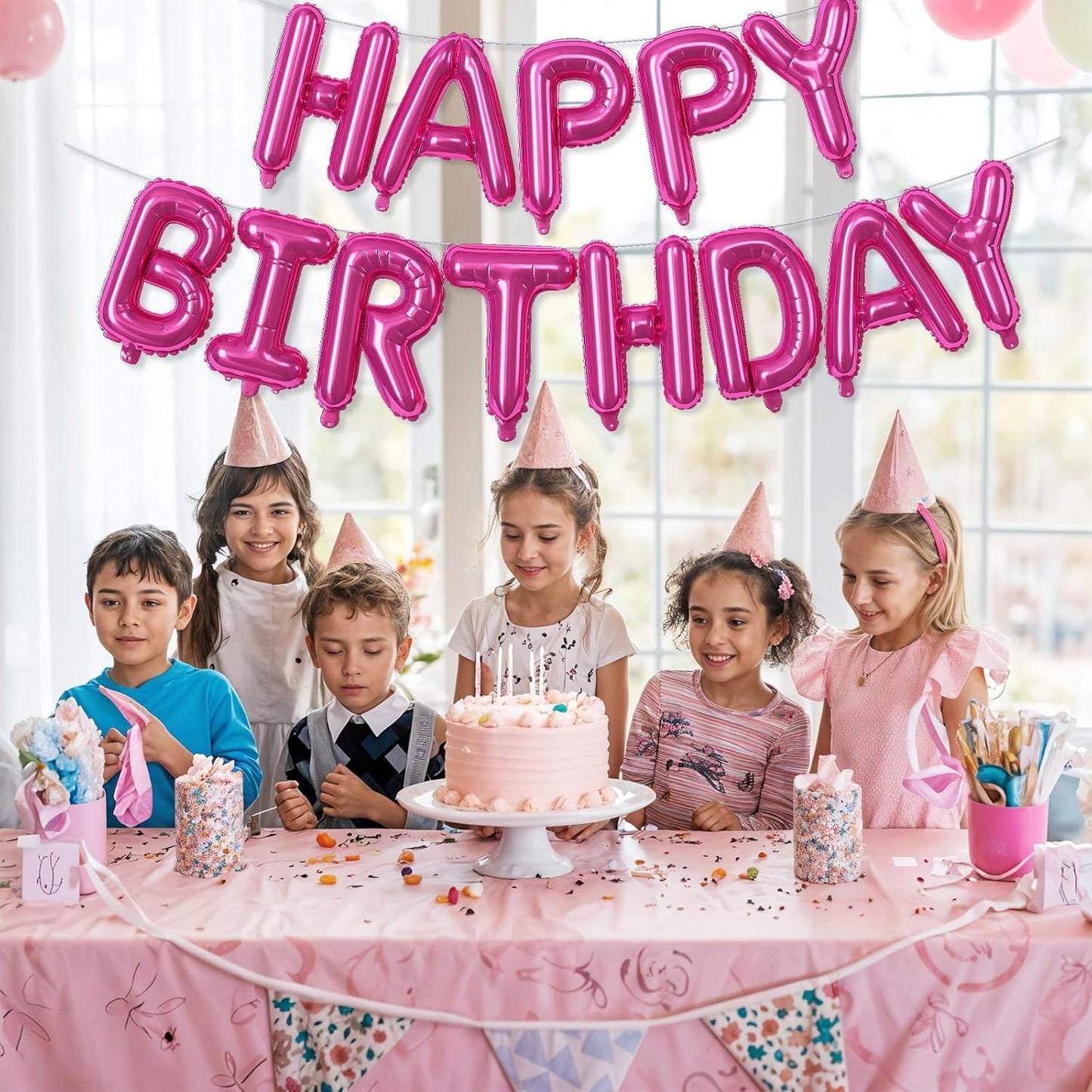 Happy Birthday Balloon Banner - 16 Inch Hot Pink Foil Mylar Sign Bunting Self Inflating Letter Balloons for Girls Women Party Decorations Supplies