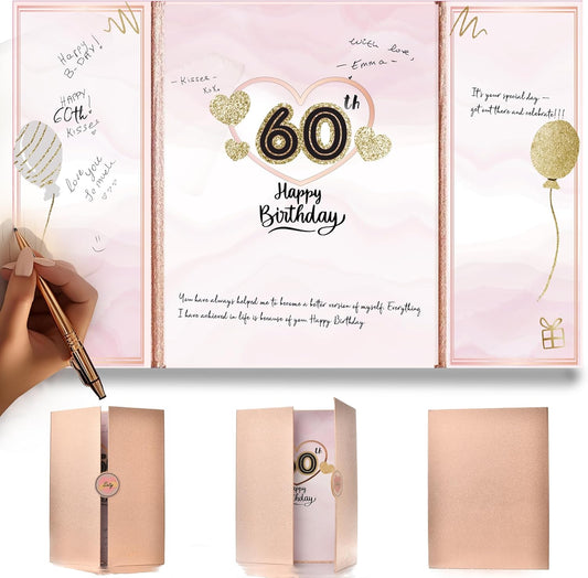 Rose Gold 60th Birthday Party Decorations for Women 12"x18" Guest Book - 60 Years Guest Book Sign in Poster Card - Sixtey Party Keepsake, Gift, Signature Board - Pen Not Included