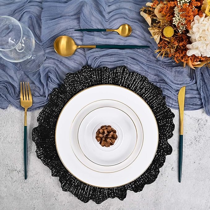 50Pcs Black Charger Plates Round 13inch, Reef Plate Chargers for Dinner, Bulk Plastic Floral Table Charger Plates for Dinner Wedding Party Event Table Setting Decoration(Black)
