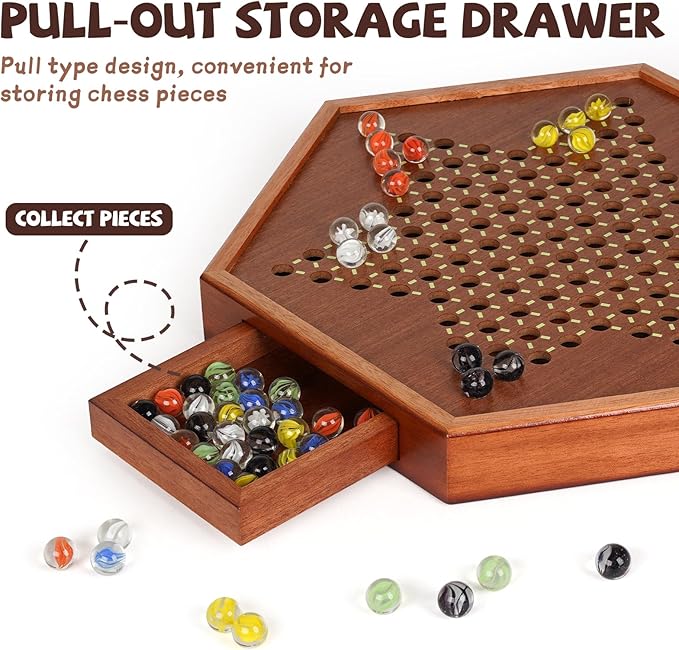 15-Inch Wooden Chinese Checkers Board Game Set – Classic Strategy Game with 72 Glass Marbles, Dual-Sided Storage Drawer, Family Board Games for Adults, Educational Travel and Indoor Game