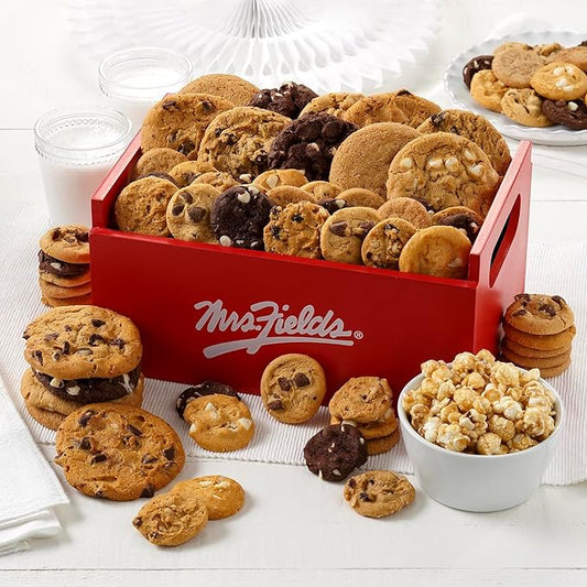 Mrs. Fields Deluxe Signature Combo Crate - Assorted with 15 Original Cookies, 60 Nibblers Bite-Sized Cookies, and 4 oz. Toffee Nut Popcorn (76 Count)