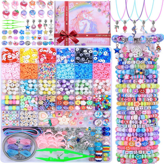 AIPRIDY 3200 Pcs Unicorn Jewelry Activity Kit,Clay Beads Bracelet Making Kit,Flat College Style Beading for Friendship Jewelry Making,Crystal Time Gem Ring Gifts,DIY Crafts for Teen Girls(Pink)