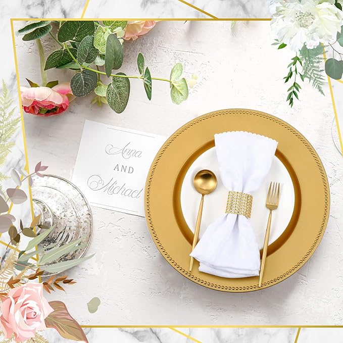 Rtteri 48 Pcs Charger Plates Set, Bulk 24 Plastic Plate Chargers with 24 Napkin Rings, 13 Inch Round Dinner Chargers for Table Setting Wedding Party Baby Shower Event Decoration(Gold)