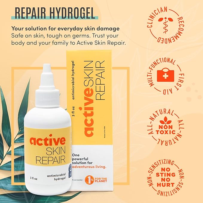 Active Skin Repair First Aid Healing Skin Hydrogel - Natural & Non-Toxic Repairing Ointment with Hypochlorus Acid for Minor Cuts, Wounds, Scrapes, Rashes, Sunburns, & More, 3 oz