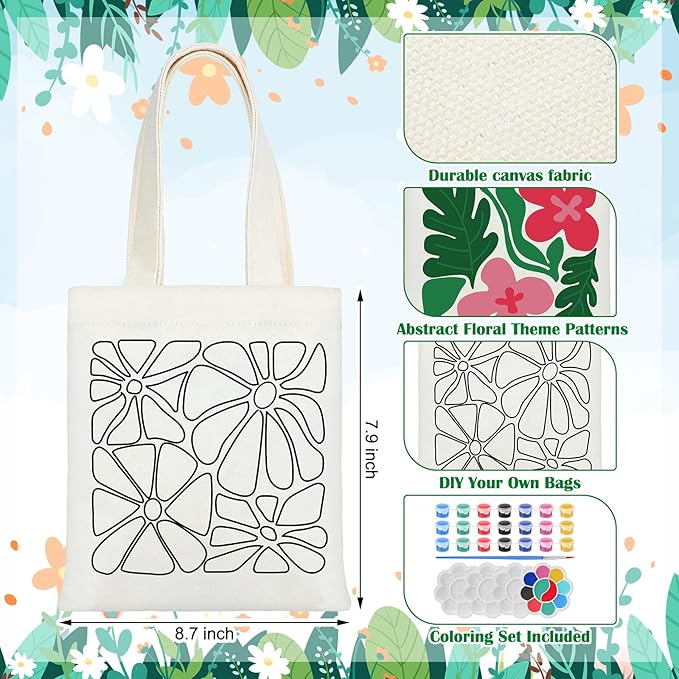 Aliceset 16 Pcs Color Your Own Bag Canvas Tote Bag for Painting 7.9'' x 8.6'' Mini Doodle DIY Craft Gift Reusable Cotton Bulk