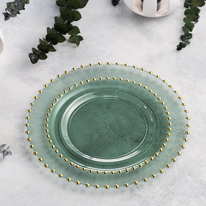 PLASTICPRO 128 Piece Combo Plastic Dinner Plates Disposable Plastic Fancy Heavy Duty Party Dishes 7 inch and 10 inch, Translucent Green and Gold Beaded