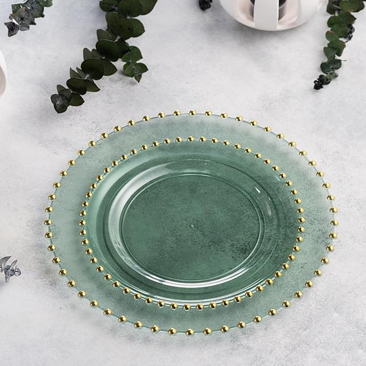 PLASTICPRO 64 Piece Combo Plastic Dinner Plates Disposable Plastic Fancy Heavy Duty Party Dishes 7 inch and 10 inch, Translucent Green and Gold Beaded