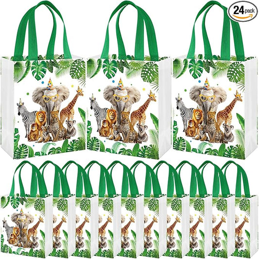 Supervitae 24 Pack Wild Animals Theme Gift Bags Medium Goodie Jungle Party Favor Bags Safari Reusable Totes Non Woven Totes for Wedding Birthday Baby Shower Family Holiday Travel(9.8" x 7.9" x 3.9")
