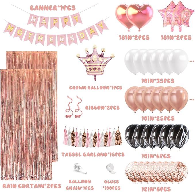 Happy Mothers Day Decorations Kit - Pink and Rose Gold Balloons Happy Mother's Day Banner for Brunch Home Garden Mother's Day Party Supplies Decor