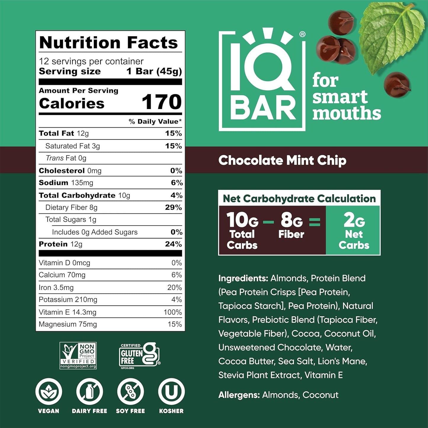 IQBAR Brain and Body Plant Protein Bars - Chocolate Mint Chip - 12-Count - Keto, Vegan, Low Carb, High Fiber, Gluten Free, Dairy Free, Low Sugar Snack with Nutrients for Focus, Energy, Meal Replacement