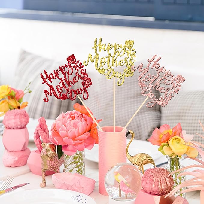 12 PCS Happy Mother's Day Centerpiece Sticks Double Sided Glitter Rose Love Best Mom Centerpieces for Happy Mother's Day Theme Table Flower Decorations Women Birthday Party Supplies Colorful