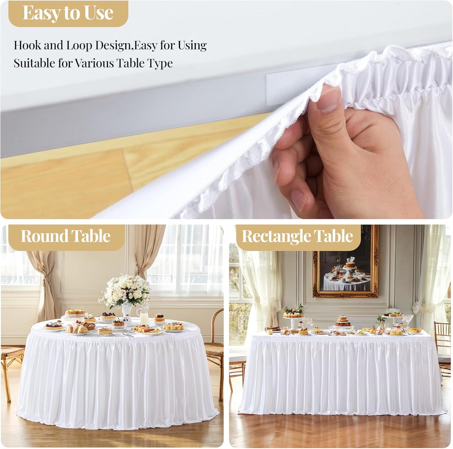 Wish Care 21ft White Satin Table Skirt for Rectangle Tables Glitter Wrinkle Free Long Desk Skirts Pleated Ruffle Table Cloths for Wedding Birthday Party Banquet Buffet Cake Table Decorations
