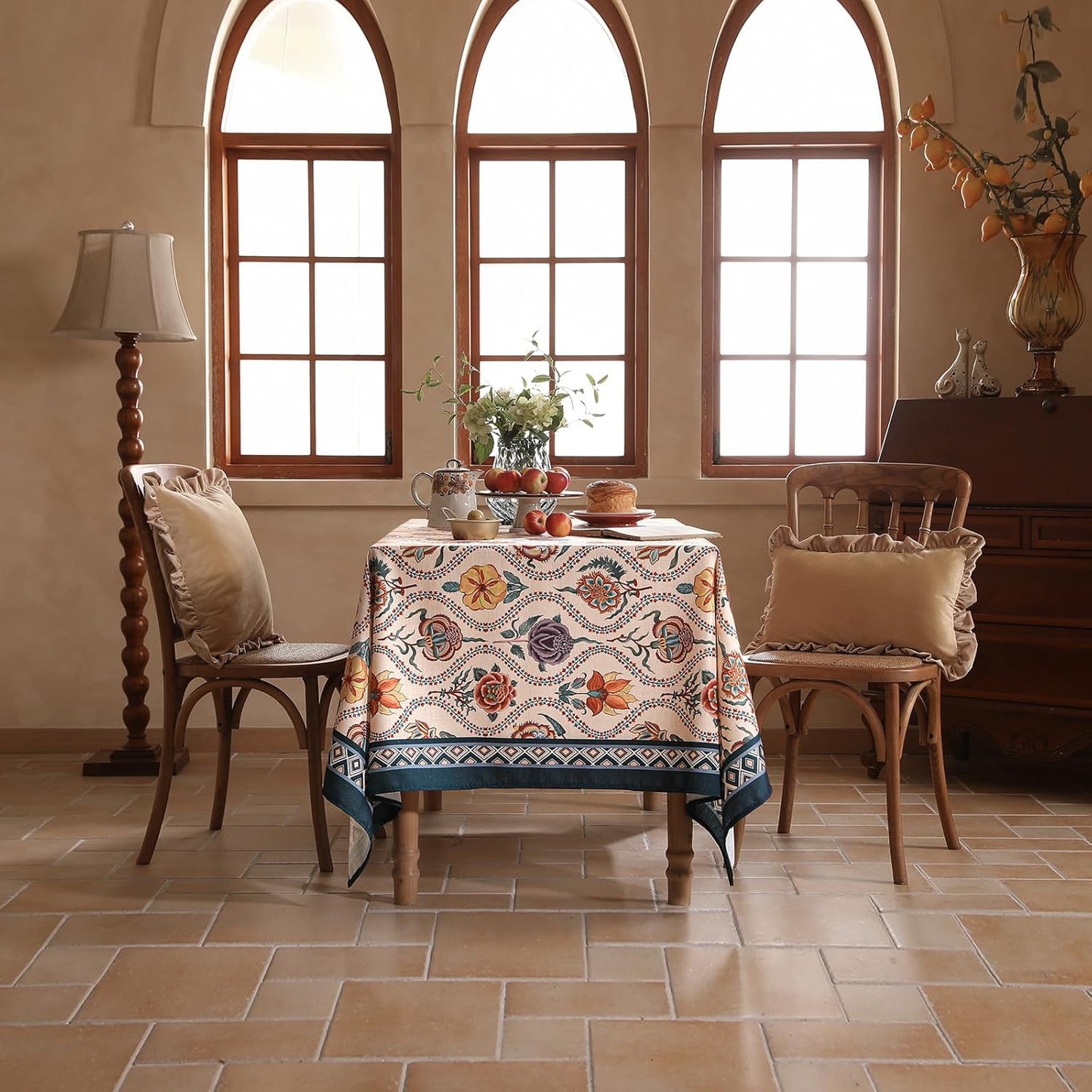 Vintage French Small Rectangular Tablecloth,Linen Tablecloth with Rose and Cornflower Pattern,Decorative Table Cover for Kitchen,Dining,Thanksgiving,Christmas,Tea Party,55"*71"-Lanae