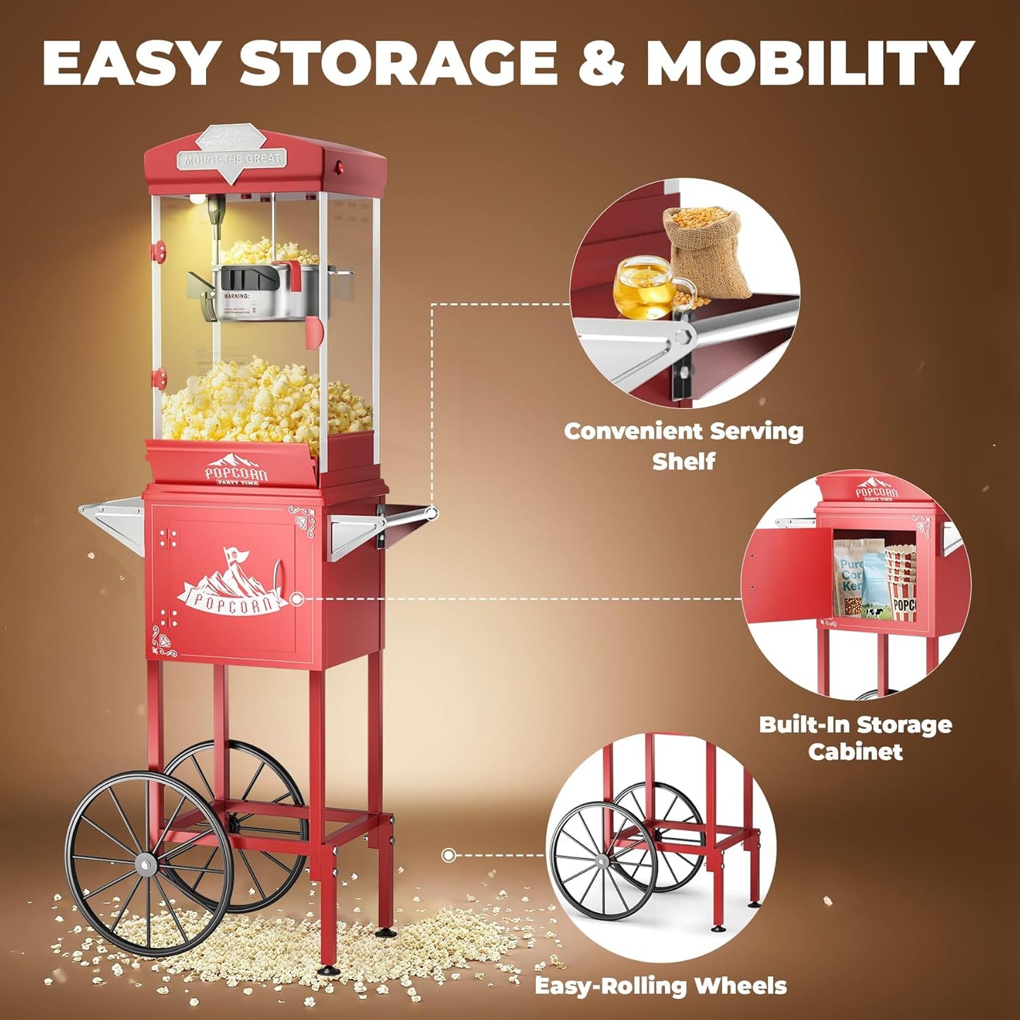Popcorn Machine Cart with Wheel, 10 oz Popcorn Maker Machine with Stainless-Steel Kettle Makes Up to 40 Cups, Vintage Movie Theater Style Pop Corn Machine, Red