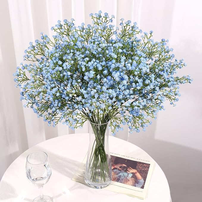 DEEMEI 15 PCS Babys Breath Artificial Flowers Fake Babys Breath Flowers Artificial Bulk Blue Gypsophila Bouquets Real Touch Faux Flowers for Wedding Floral Arrangement Party Home Decoration