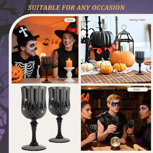 24PCS 7OZ Black Wine Plastic Glasses, Drinking Champagne Glasses Flutes Crystal Vintage Water Unbreakable Goblets for Halloween,Wedding, Parties