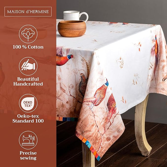 Maison d' Hermine Table Cloth Square Table 100% Cotton 60 x 60 Inches Fall Tablecloth Reusable Everyday Use for Thanksgiving Christmas Decorations Dining Farmhouse Party (Faisan D'Automne)