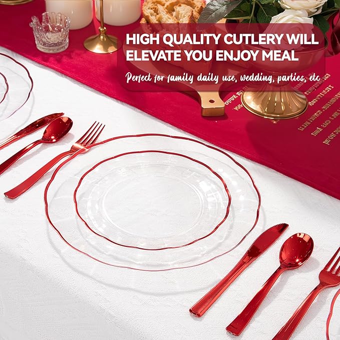 supernal 60pcs Clear and Red Plastic Plates,Fancy Scalloped Plates Disposable Heavy Duty, Wedding Disposable Dinnerware Include 30 Dessert Plate and 30 Dinner Plastic Plate for Party and Birthday