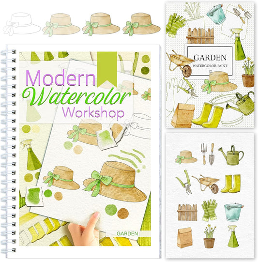 Watercolor Workbooks with Step by Step for Adults Teens - Beginner Watercolor Workbook with 12 Coloring Book Pages -100% Cotton 300gsm/140lb Watercolor Paper (Garden)