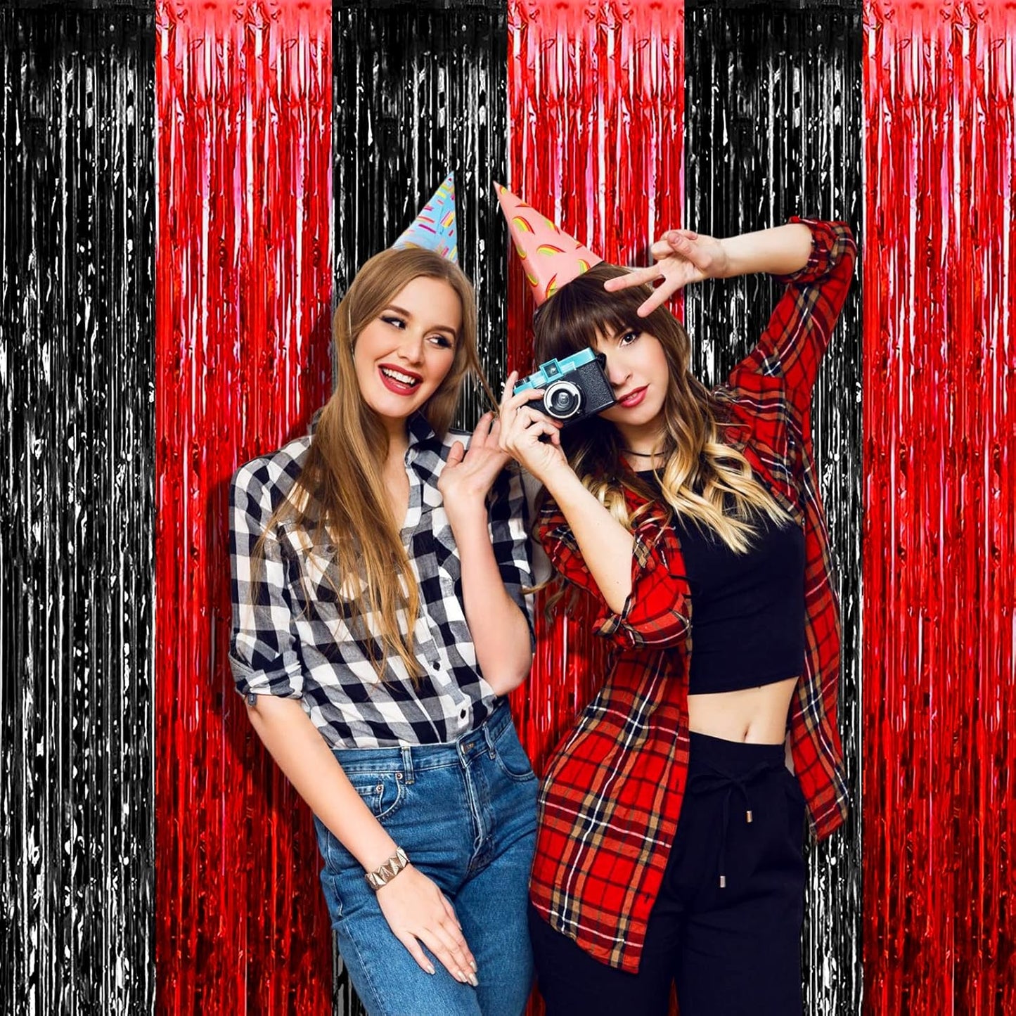 4 Pack 3.2Ft x 6.6Ft Black Red Foil Fringe Curtain Backdrop, Metallic Tinsel Foil Fringe Streamers Curtains Background for Casino Viva Las Vegas Game Night Birthday Party Decoration