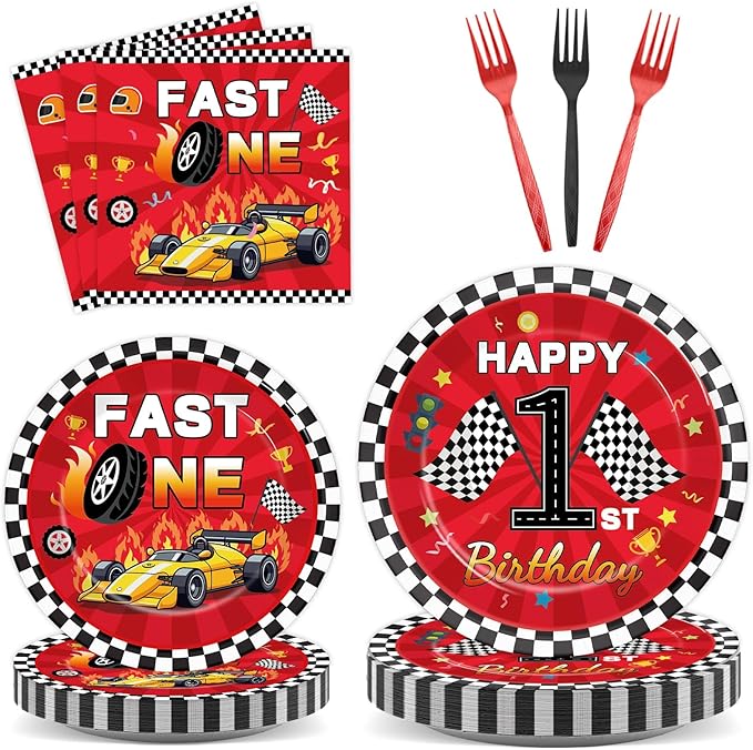 96Pcs Fast One Birthday Party Supplies Racing Car 1st Birthday Paper Plates Napkins Race Cars Party Decorations Baby Show One Year Old Dinnerware Favor Tableware Serves 24