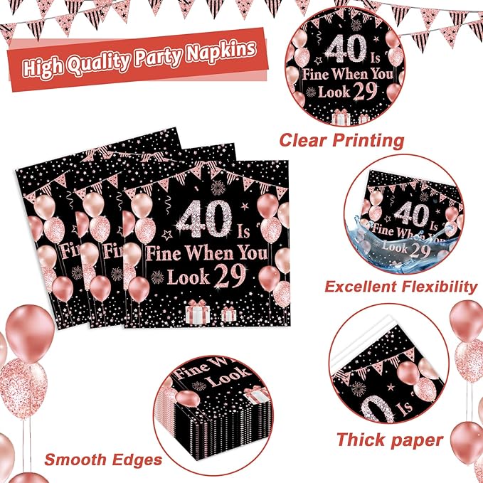 96PCS 40th Birthday Paper Plates and Napkins for 40 Is Fine When You Look 29 Themed Party Supplies Black Rose Gold Dinnerware Set for Women Cheers to Forty Birthday Gatherings Decorations