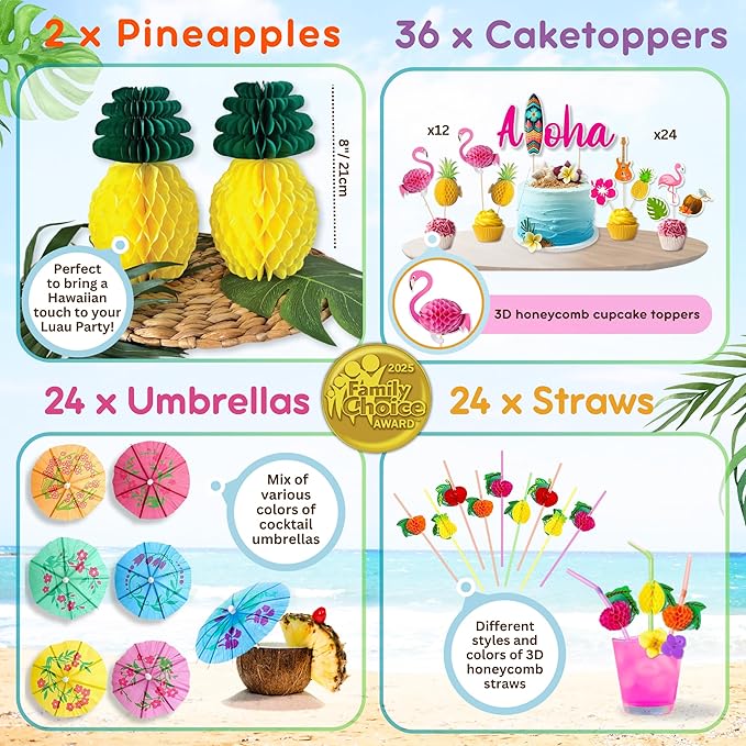 180 pc Premium Luau Party Decorations Set – Hawaiian Birthday Party Decor with Balloons, Backdrop, Table Skirt, Toppers & More – Tropical Aloha Themed Supplies for Indoor & Outdoor Celebrations