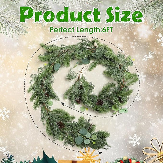 XunYee 6 Feet Christmas Cedar Garland, Realistic Pine Needles Garland with Cones and Eucalyptus Leaves, Artificial Greenery for Mantle, Stair, Doorway, or Xmas Holiday Decoration