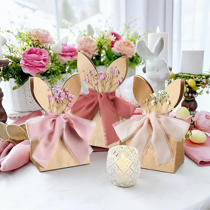 Affrolling 24 Set Boho Bow Easter Bunny Party Favor Bags DIY Bunny Gift Boxes with Neutral Bow Ribbon and Dried Flowers Rustic Paper Rabbit Ears Treat Bags Bulk for Easter Spring (Pink)