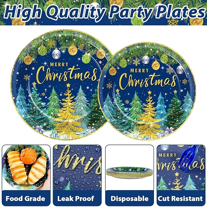 96pcs Christmas Pine Tree Paper Plates and Napkins - Xmas Party Decorations, Dessert Cake Snowflakes, Serves 24