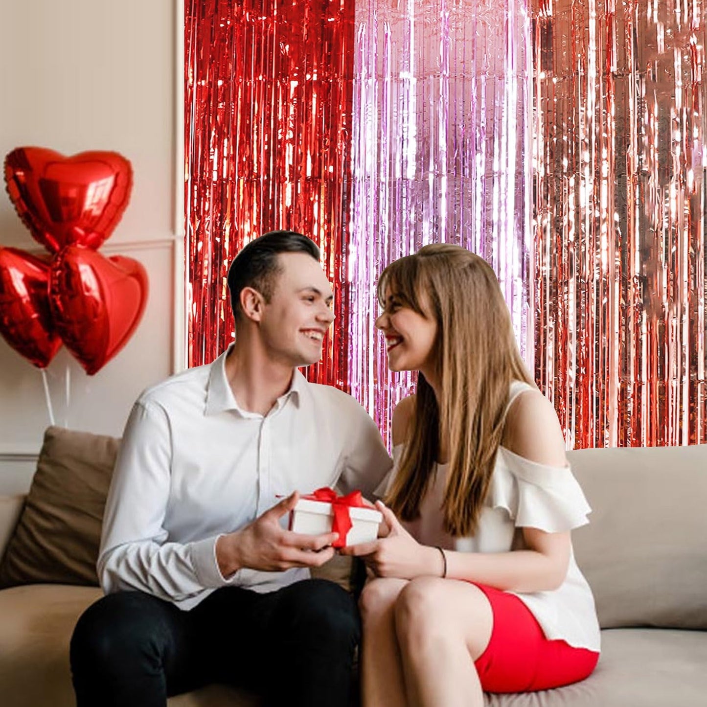 TONIFUL Valentine's Day Door Streamers,Red Pink and Rose Gold Photo Booth Backdrop Metallic Streamers Foil Fringe Curtain for Birthday Valentine's Day Bridal Shower Engagement Party Decoration