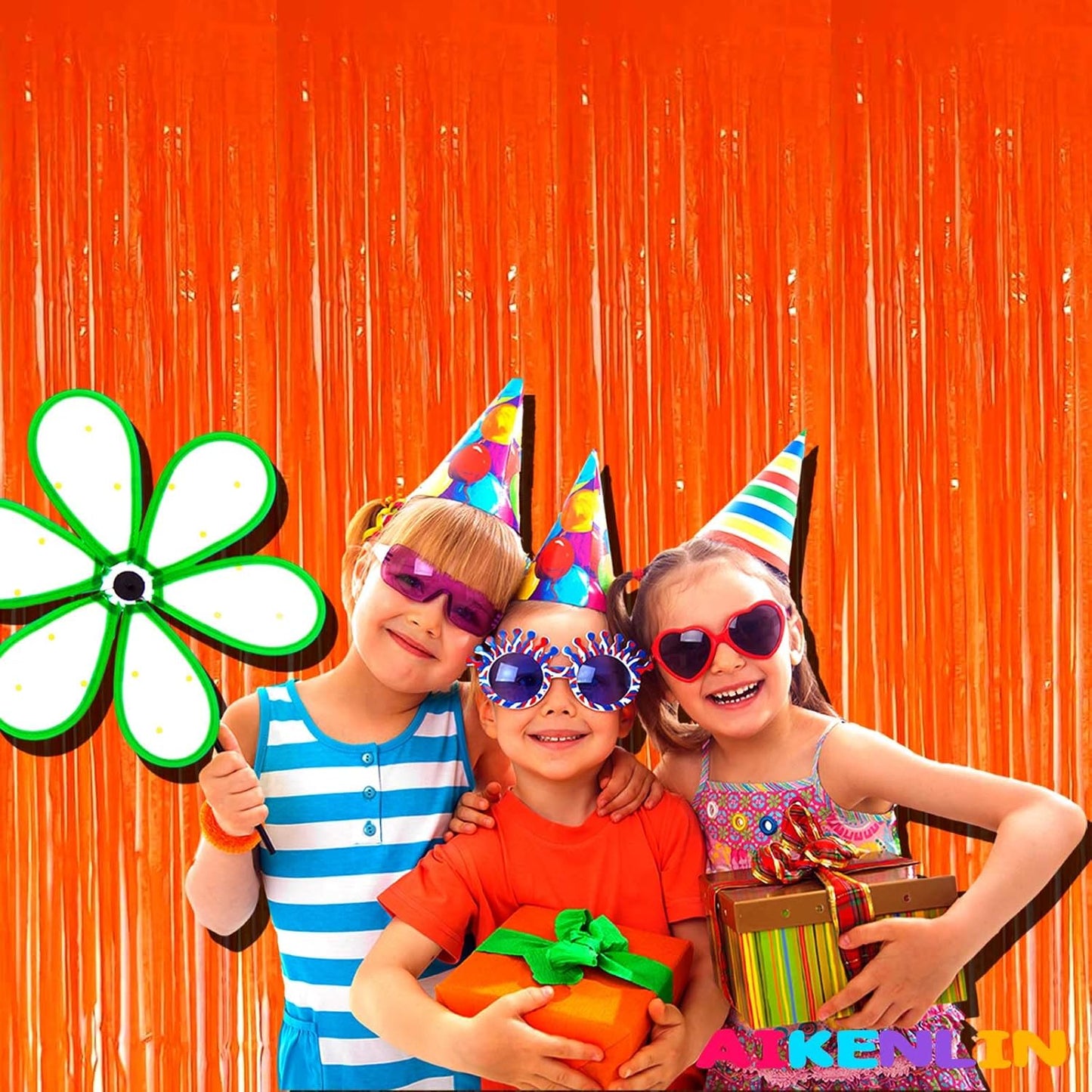 4 Pack 3.3Ft x 6.6Ft Orange Foil Fringe Curtain Backdrop, Metallic Tinsel Foil Fringe Streamers Curtains Background for Photo Booth, Birthday, Wedding, Halloween, Christmas Party Decoration