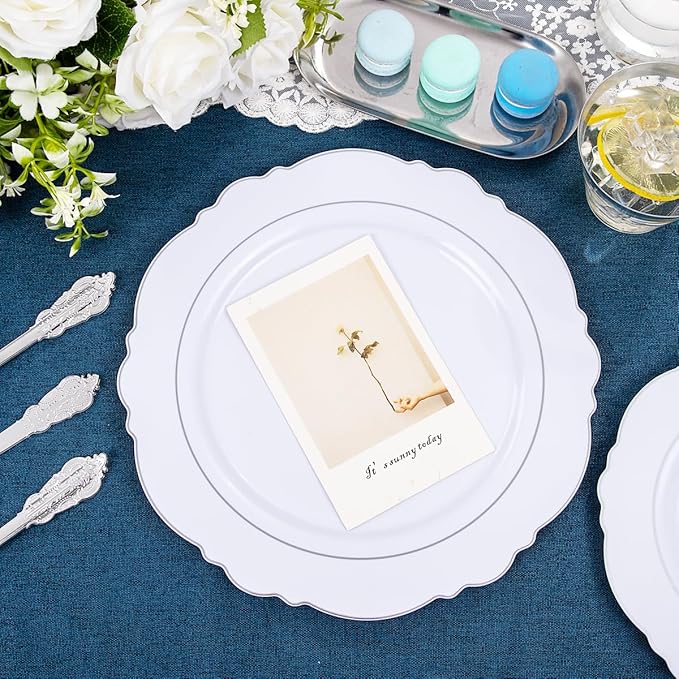 Liacere 175pcs Silver Plastic Plates - White and Silver Disposable - 25guest Baroque Plastic Dinnerware include 50Plates, 25Pack Pre Rolled Napkins with Silverware 25Cups for Wedding&Party&Easter Day