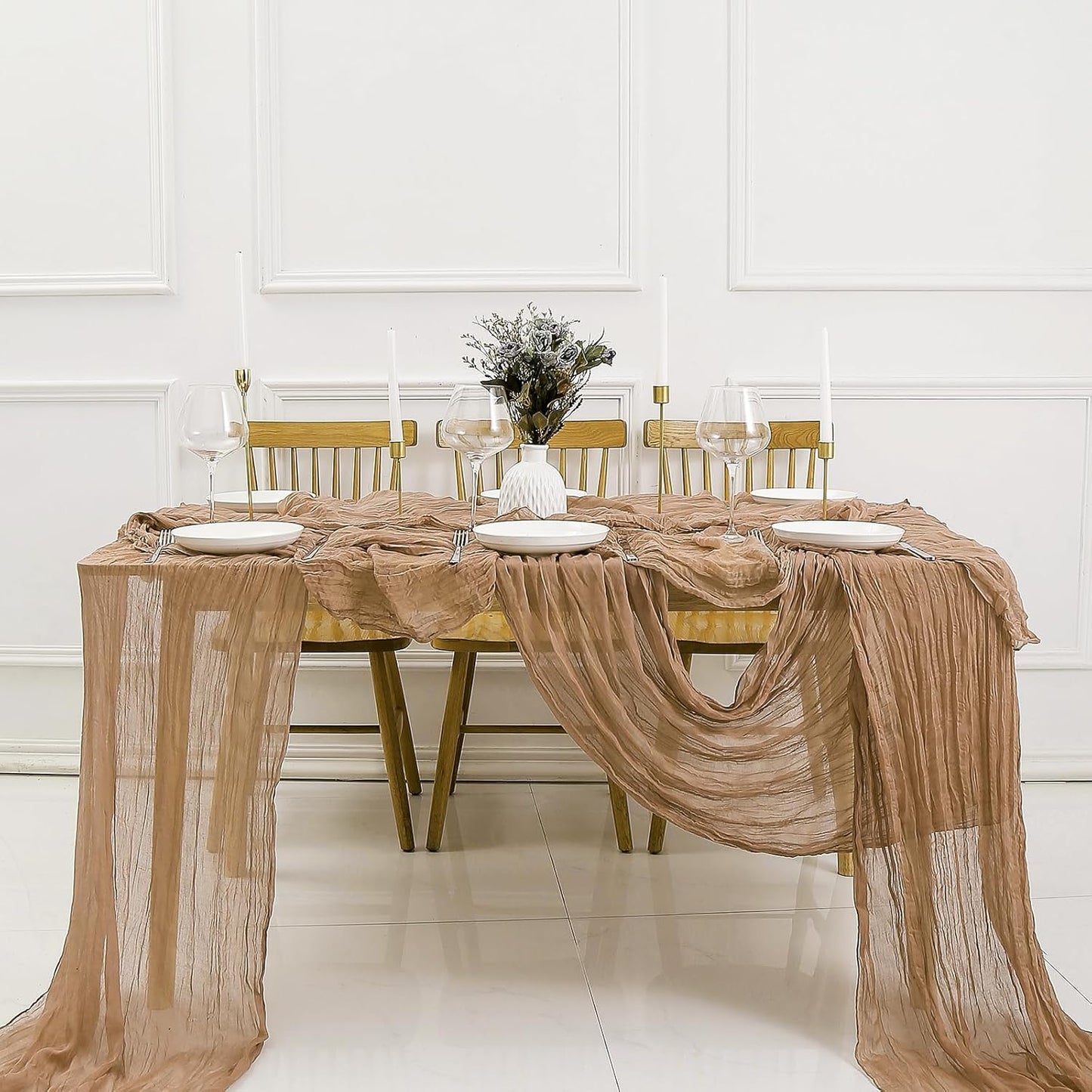 DOLOPL Brown Cheesecloth Table Runner 13.3ft Boho Gauze Cheese Cloth Table Runner Rustic Sheer Runner 160inch Long for Wedding Bridal Baby Shower Birthday Party Cake Table Decorations