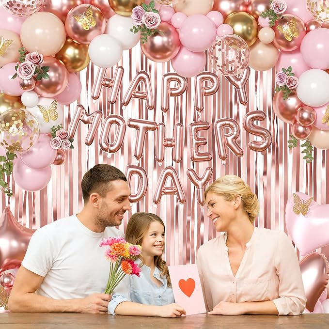 Happy Mother's Day Decorations, Rose Gold Pink Peach White Gold Foil Confetti Balloons Gold Butterfly Fringe Curtains for Mother's Day Party Decorations