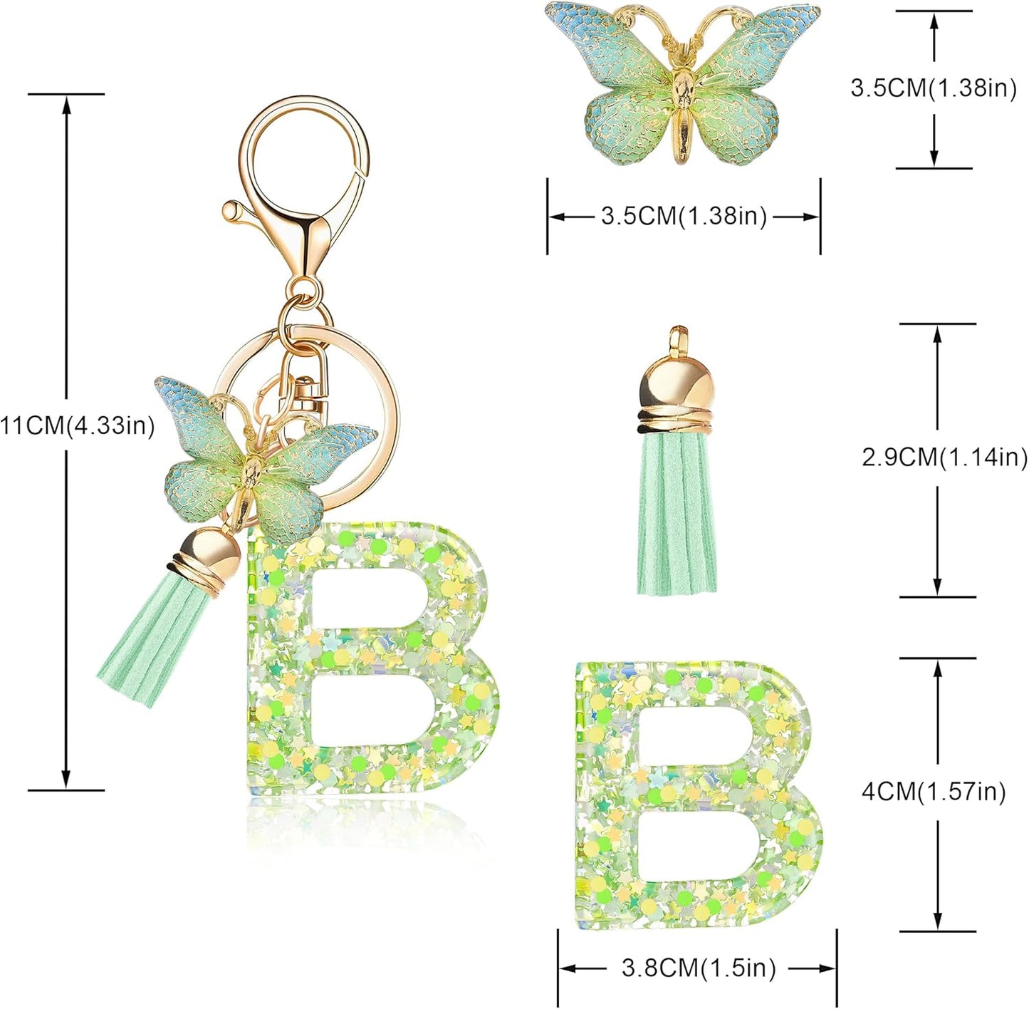 Fashion Alphabet Initial Letter Keychain Tassel Butterfly Pendant Key Ring for Purse Handbags Women Girl