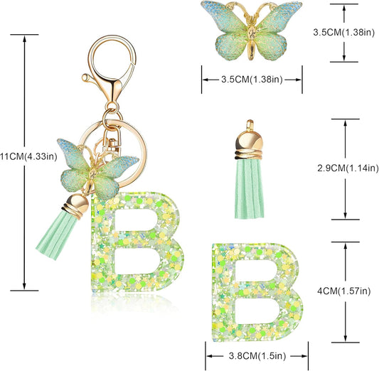 Fashion Alphabet Initial Letter Keychain Tassel Butterfly Pendant Key Ring for Purse Handbags Women Girl