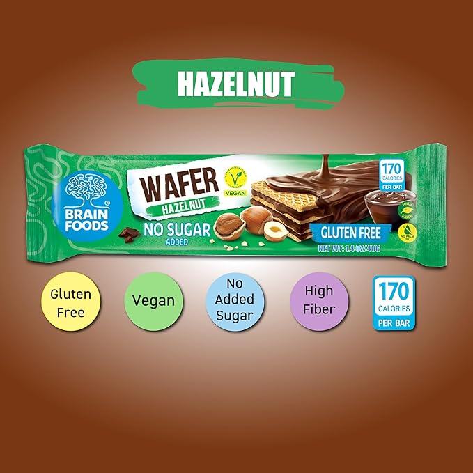 BRAIN FOODS Gluten Free Vegan Chocolate Coated Hazelnut Wafers - 12 Bars, No Sugar Added, High Fiber, No Palm Oil, 1.4 oz, 170 Calories, Guilt Free Snack, Natural Hazelnut Flavor