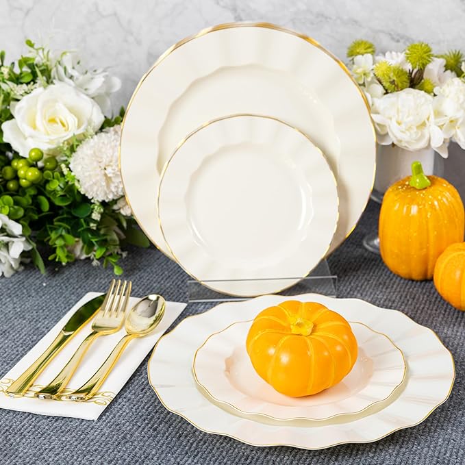 HIGH END 100 Pcs Ivory Wave Plastic Plates with Gold Trim, Fancy Disposable Plate Sets Include 50 Dinner & 50 Dessert Plastic Plates, Elegant Disposable Plate Set For Party, Thanksgiving (50 Guests)