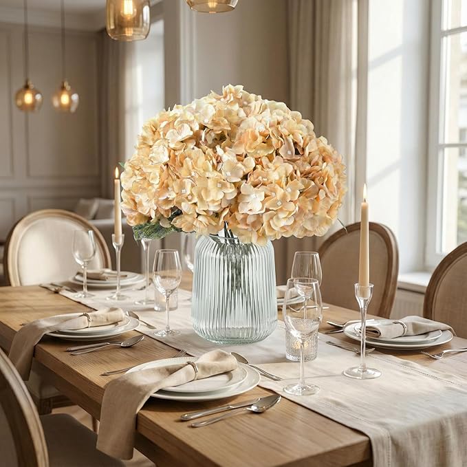 2Bouquets Artificial Fake Flowers Plants Silk Hydrangea Arrangements Wedding Bouquets Decorations Plastic Floral Home Kitchen Garden Party Festival Bar DIY (Cream,5 Flower Heads)