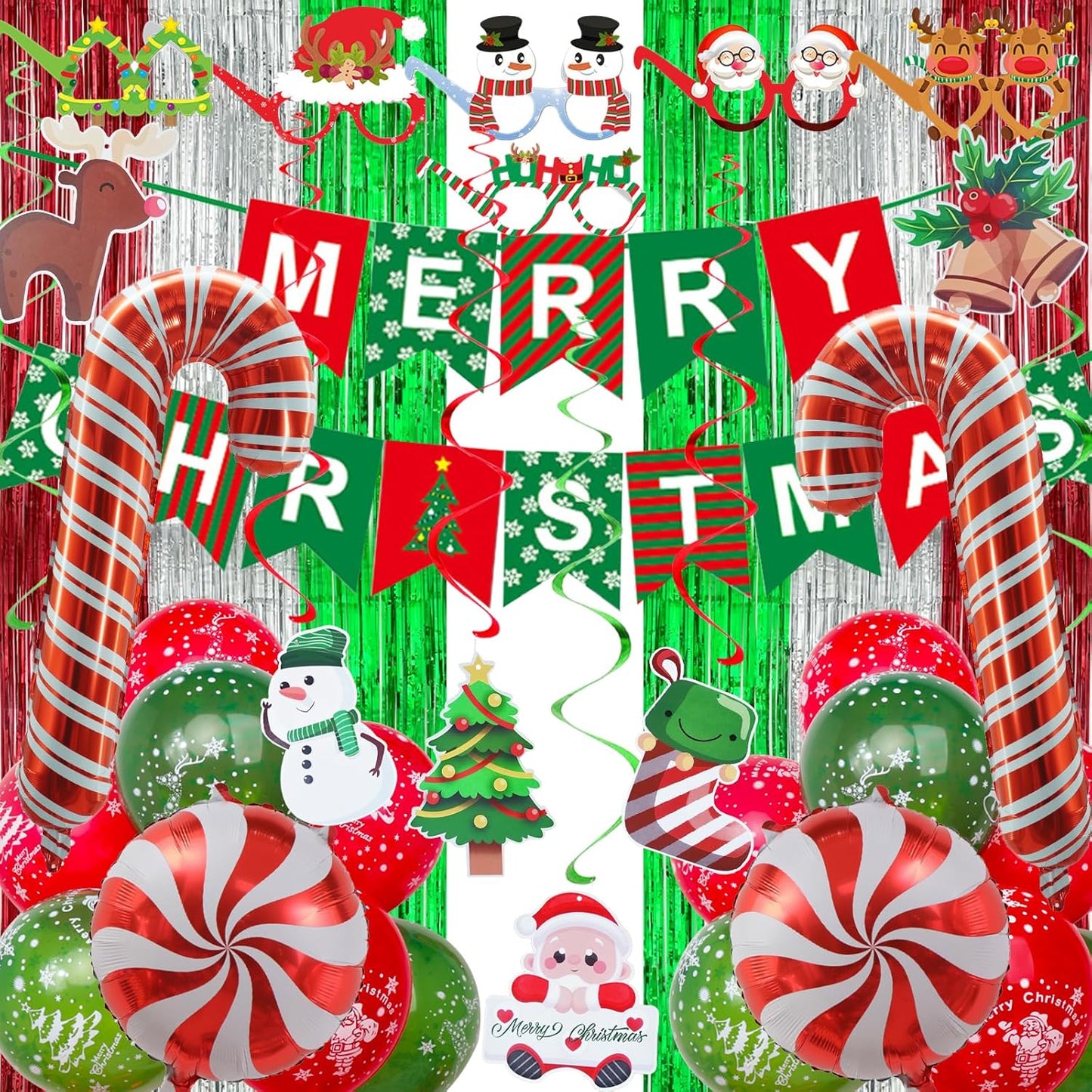 Christmas Decorations, Merry Christmas Decor Banner Hanging Swirls Candy Cane Balloons Tinsel Backdrop Glasses Frames for Indoor Outdoor Decorations