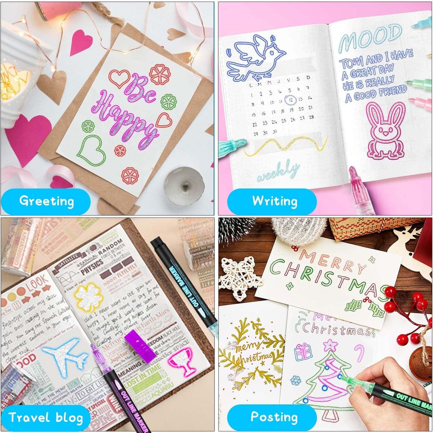 Double Line Outline Markers, 36 Colors Super Squiggles Shimmer Outline Marker Pen Set, Self Outline Metallic Markers Glitter Writing Drawing Pens for Birthday Greeting Card, Doodling, DIY Art Crafts